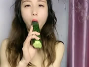 Chinese Live Girl with Cucumbers and Fingers Masturbation